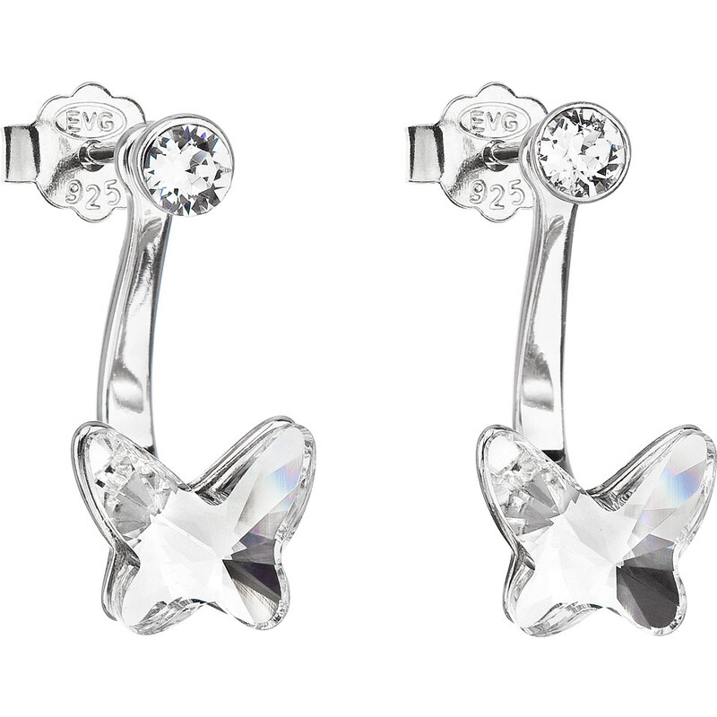Stříbrné náušnice dvojité s krystaly Swarovski bílý motýl 31247