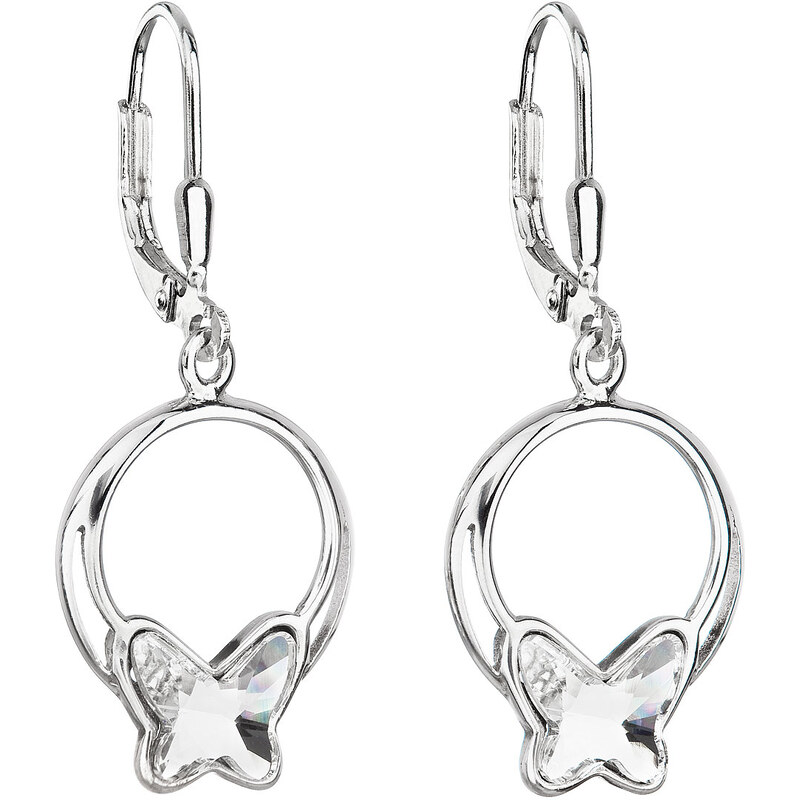 Stříbrné náušnice visací s krystaly Swarovski bílý motýl 31248.1