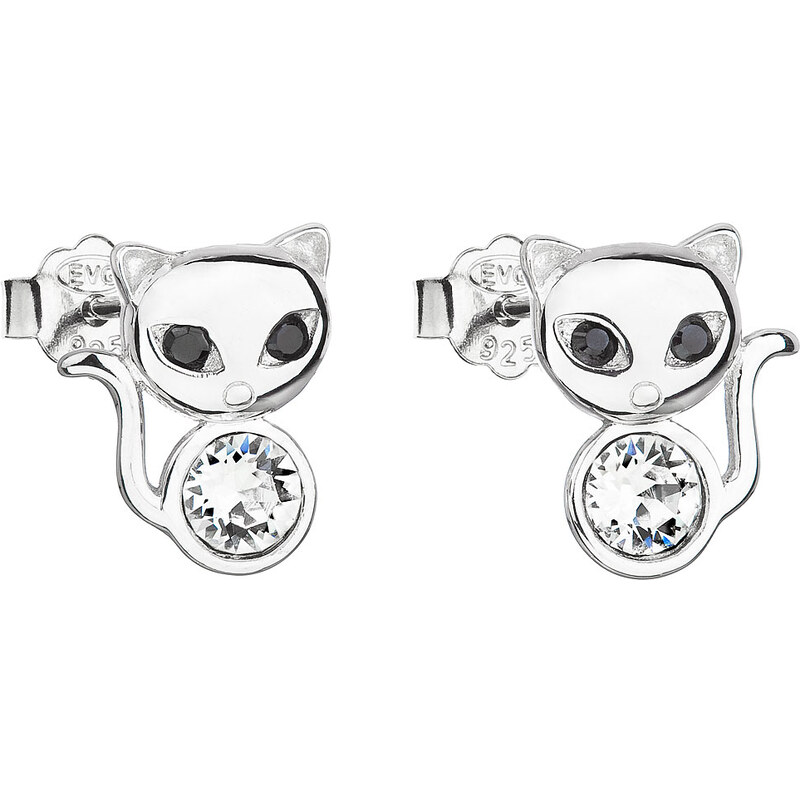 Stříbrné náušnice pecka s krystaly Swarovski bílá kočka 31250.1