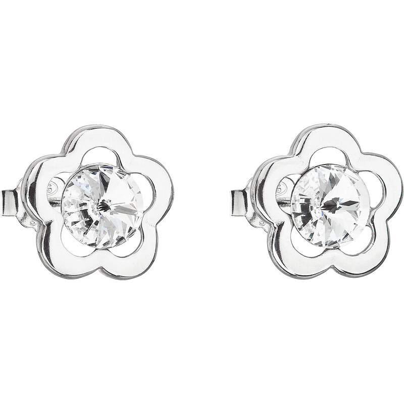 Stříbrné náušnice pecka s krystaly Swarovski bílá kytička 31254