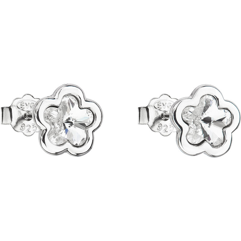 Stříbrné náušnice pecka s krystaly Swarovski bílá kytička 31255