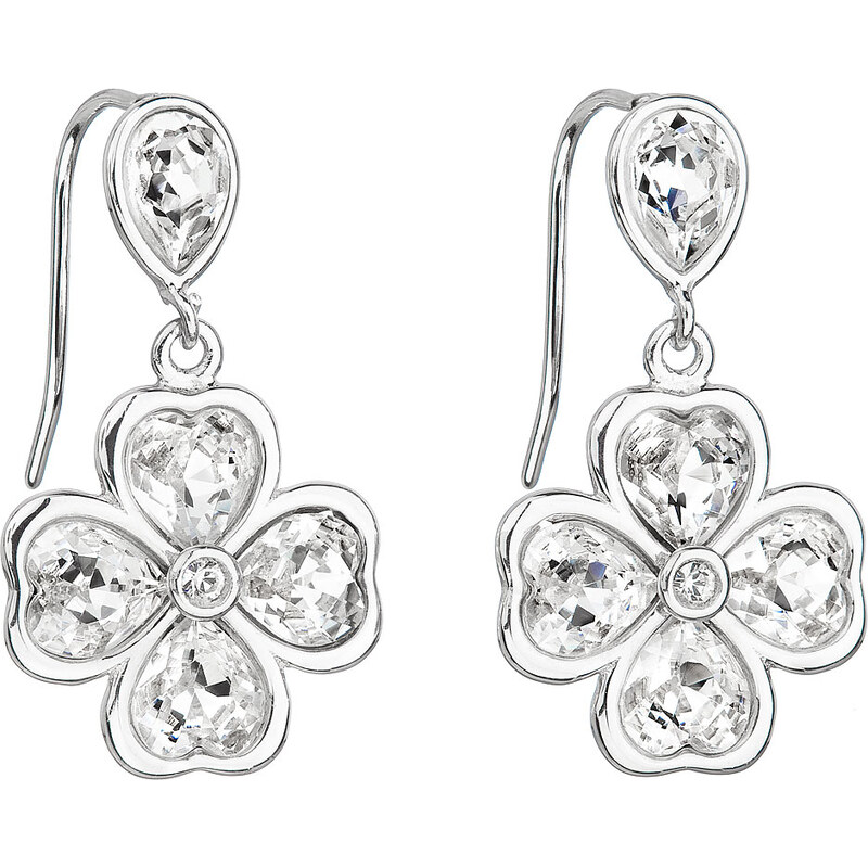 Stříbrné náušnice visací s krystaly Swarovski bílý čtyřlístek