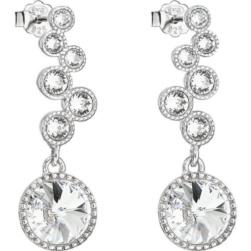 Stříbrné náušnice visací s krystaly Swarovski bílé kulaté 31265.1 74170589