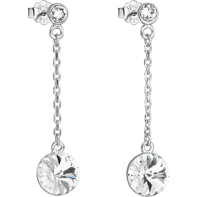 Stříbrné náušnice visací s krystaly Swarovski bílé kulaté 31270.1 74170594