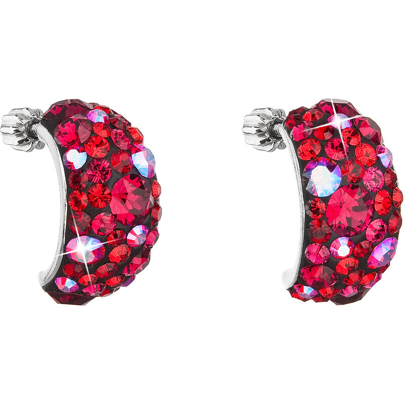 Stříbrné náušnice visací s krystaly Swarovski červené půlkruh