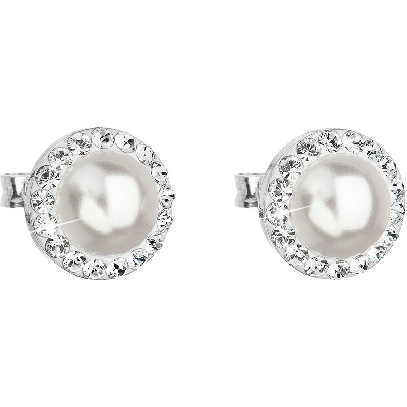Stříbrné náušnice pecka s krystaly Swarovski a bílou perlou kulaté 62960857