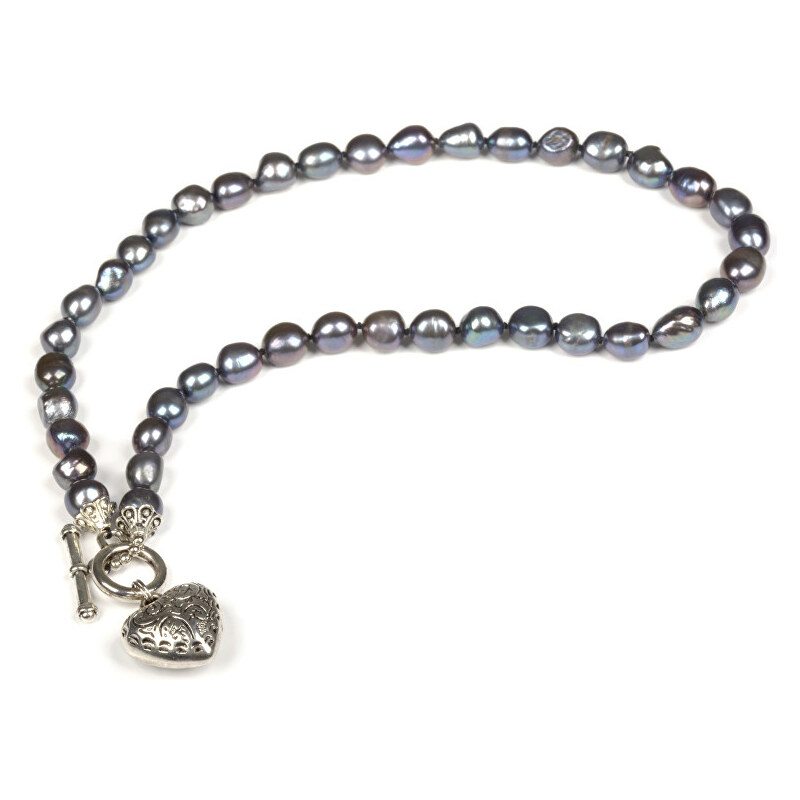 JwL Luxury Pearls Náhrdelník z pravých kovově modrých perel s přívěskem srdce JL0044