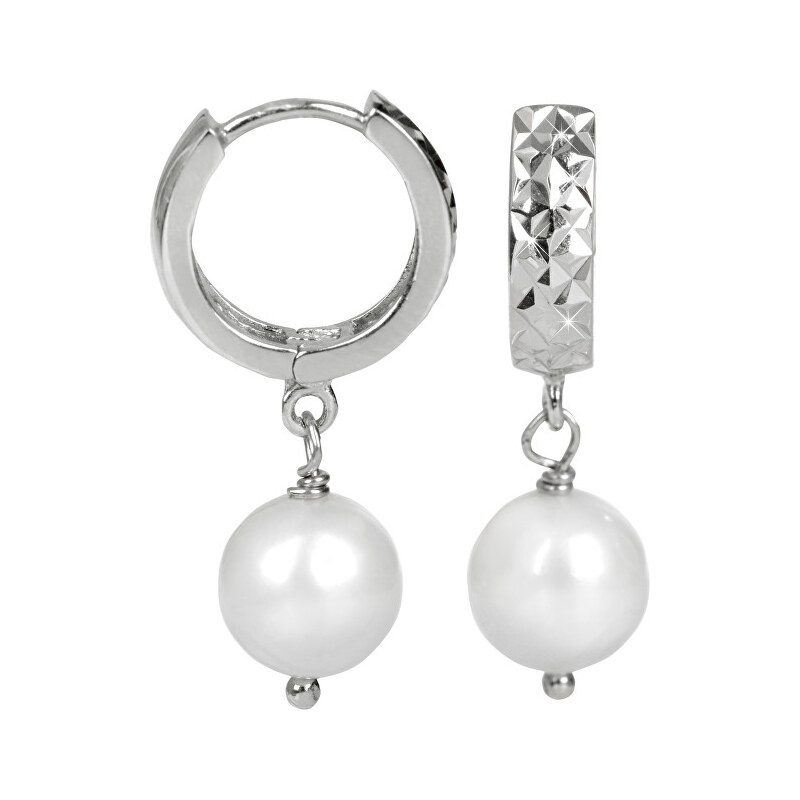 JwL Luxury Pearls Tepané stříbrné náušnice kroužky s bílou perlou JL0231
