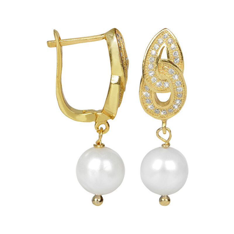 JwL Luxury Pearls Zlacené stříbrné náušnice s bílou perlou a zirkony JL0233