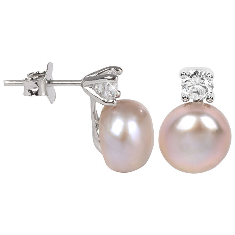 JwL Luxury Pearls Stříbrné náušnice s pravou růžovou perlou a krystalem JL0249