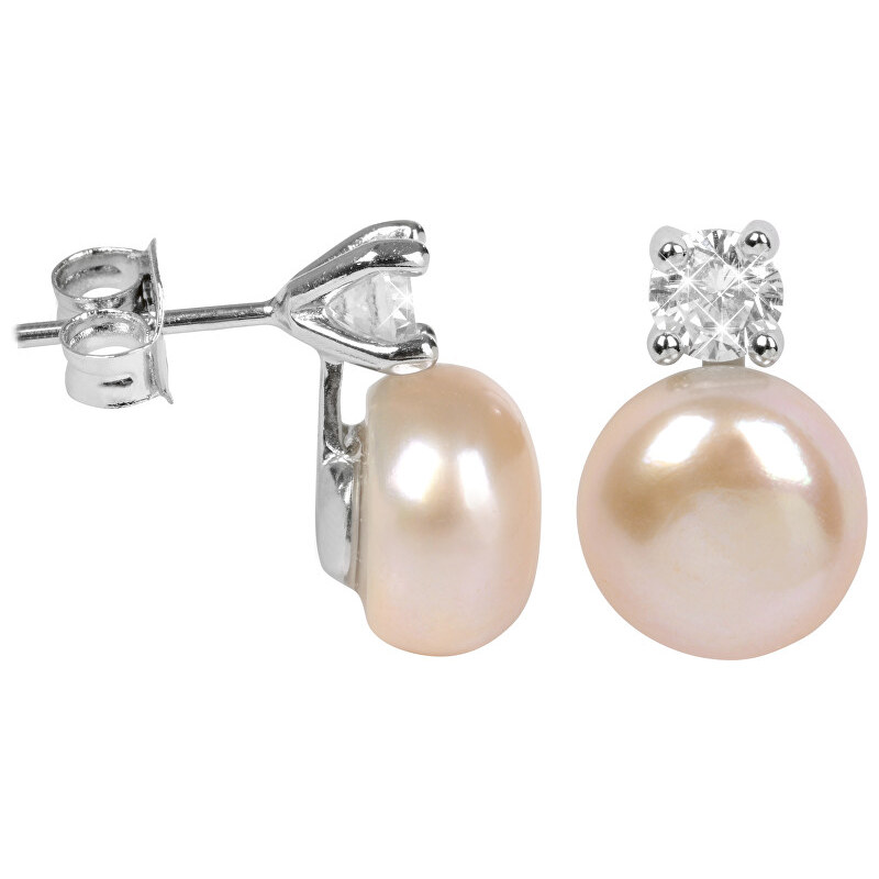 JwL Luxury Pearls Stříbrné náušnice s pravou lososovou perlou a krystalem JL0250