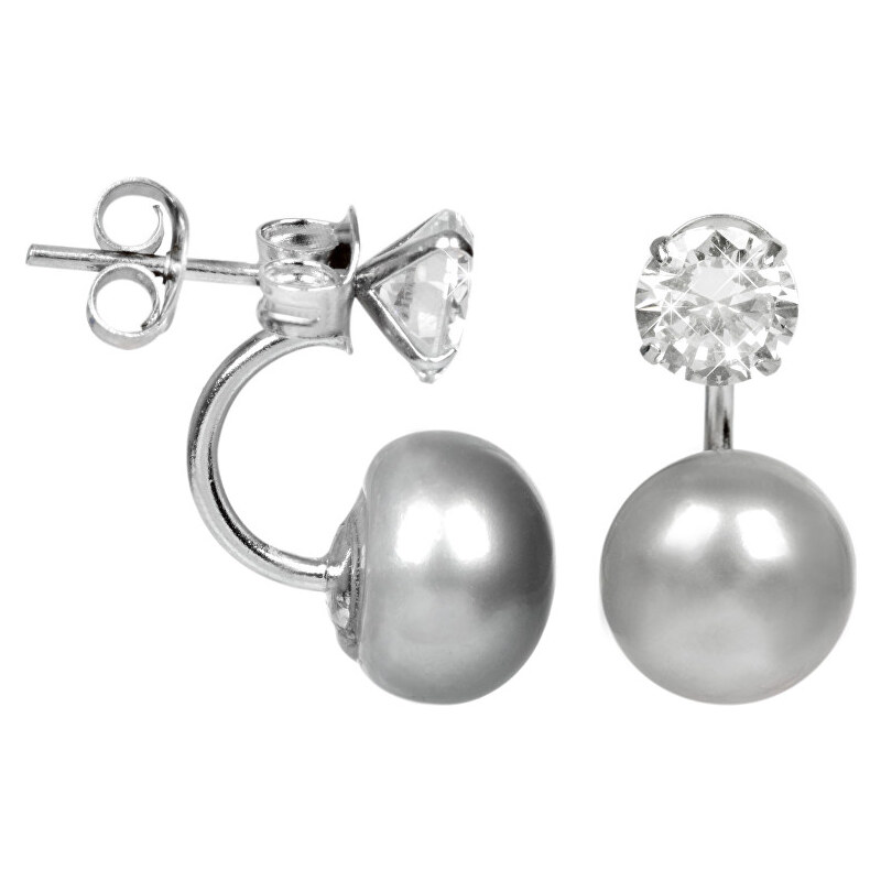 JwL Luxury Pearls Stříbrné dvojnáušnice s pravou šedou perlou a krystalem JL0214