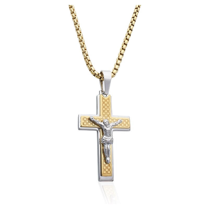 BM Jewellery Pánský náhrdelník Ježíš na kříži gold z chirurgické oceli S497150