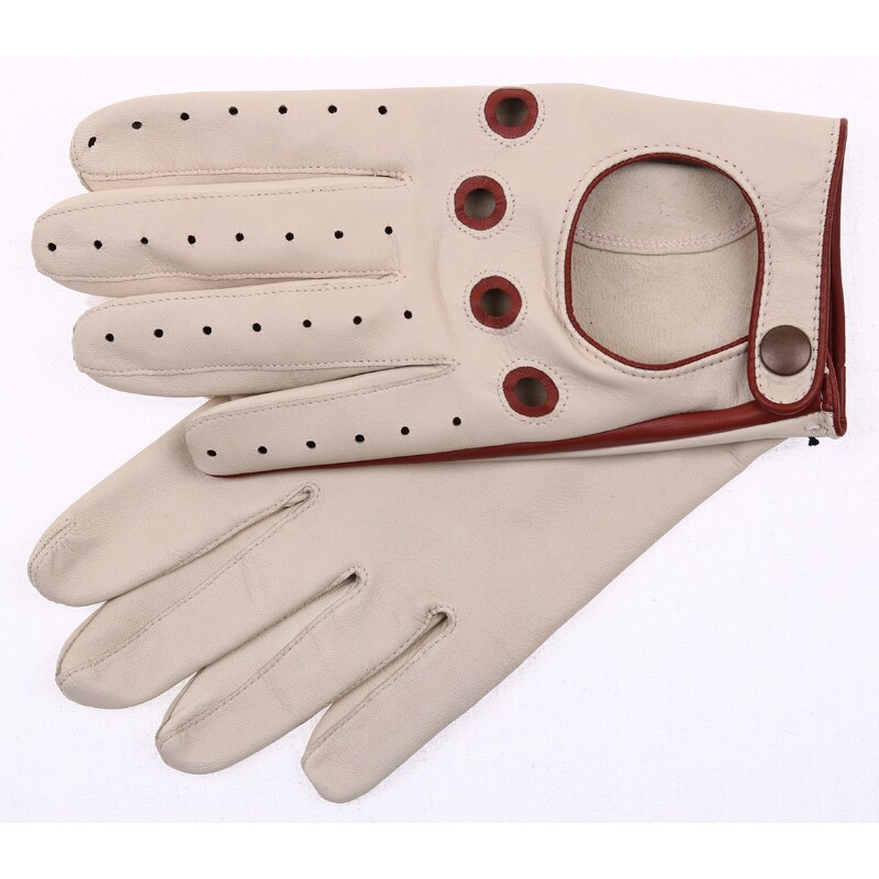 Špongr Pánské kožené řidičské rukavice PRESTON světlé břízové s hnědými detaily