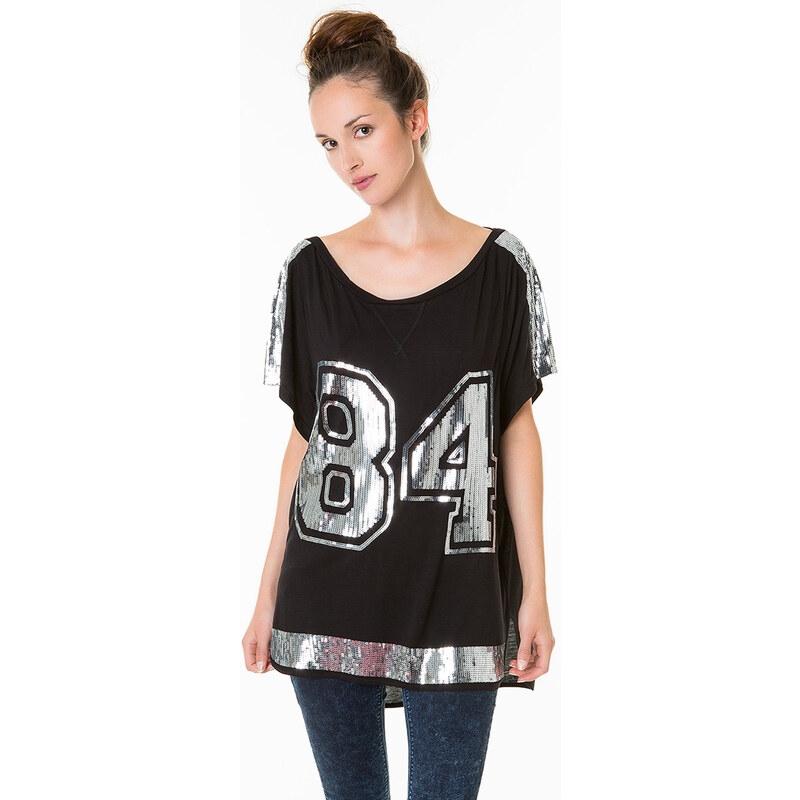 Tally Weijl Black Oversized "84" Sequin College Top