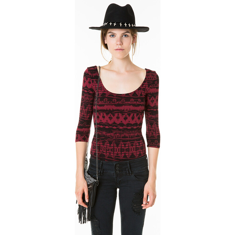 Tally Weijl Red & Black Ikat Printed Bodysuit