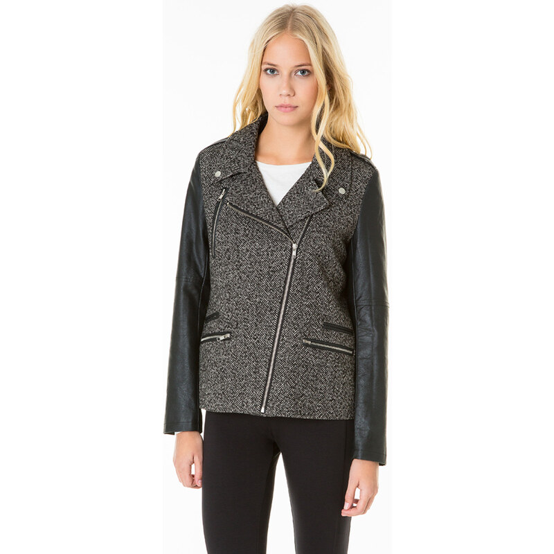 Tally Weijl Black Tweed Jacket with Faux Leather Sleeves