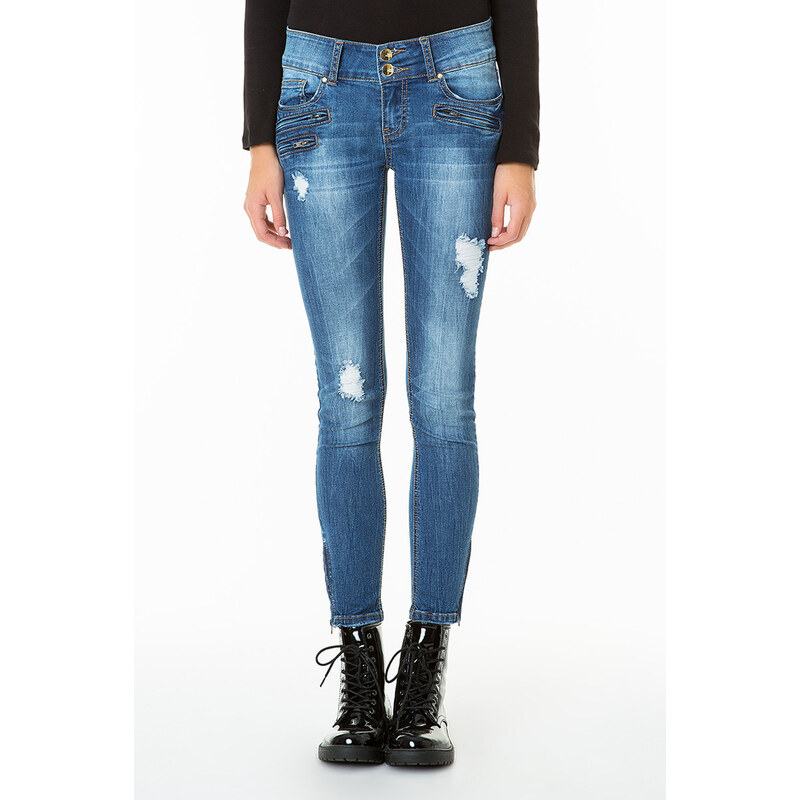 Tally Weijl Blue Distressed Ankle Skinny Jeans with Zip-Details