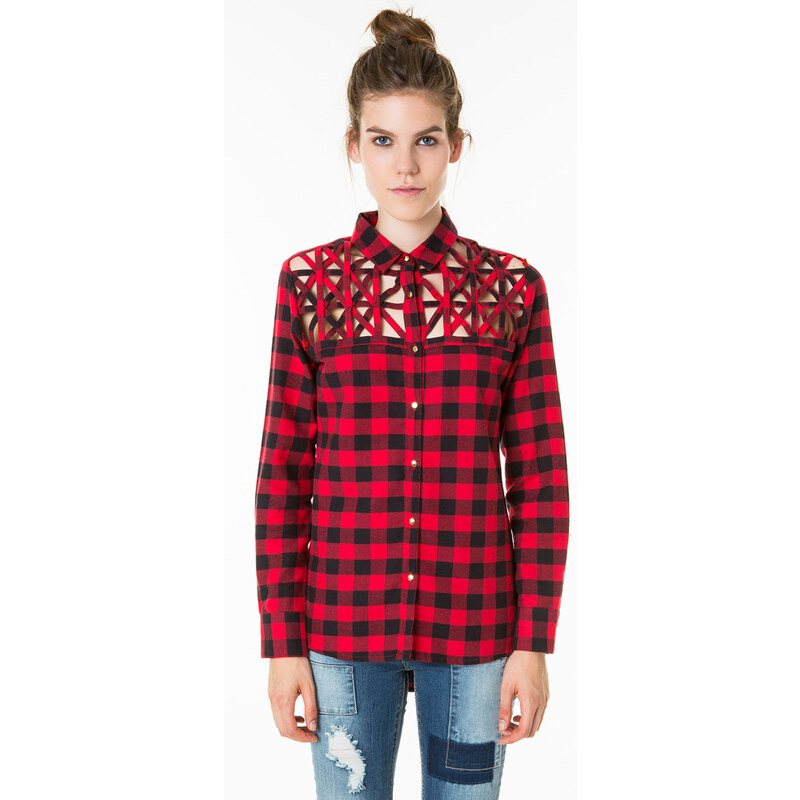 Tally Weijl Black & Red Checked Cut Out Shirt