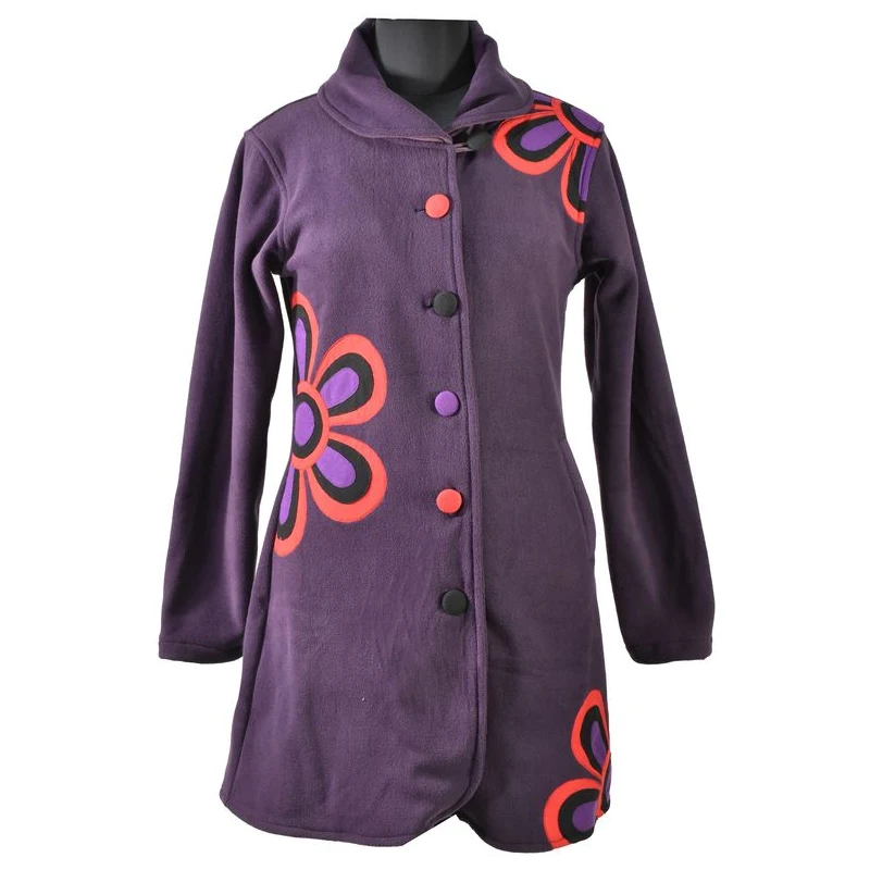 Švestkový fleecový kabát zapínaný na knoflíky, barevný květinový design,  kapsy M , Nepál , 100% polyester - GLAMI.cz