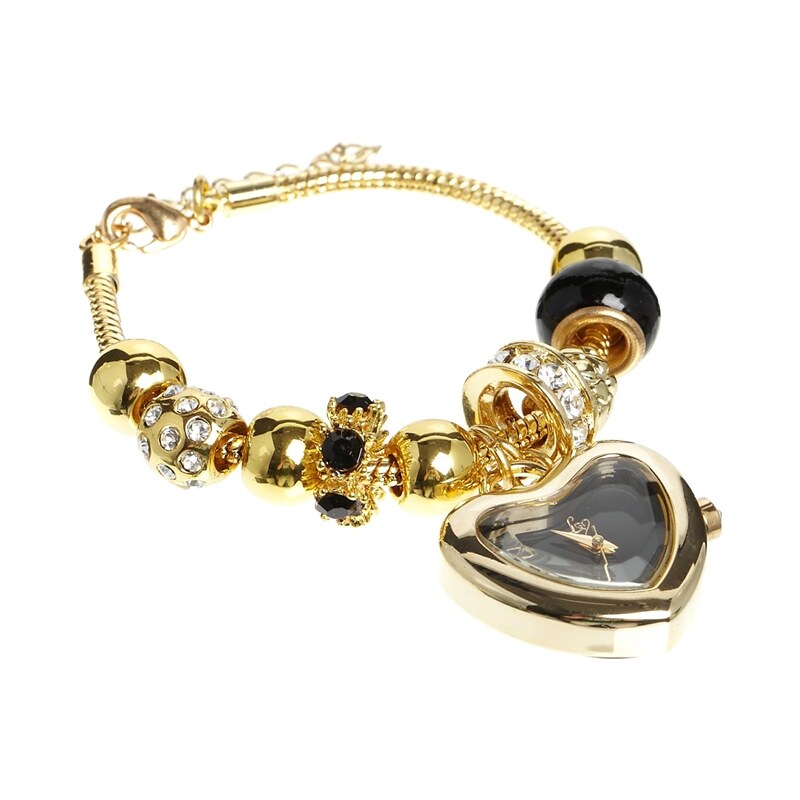 Lipsy Gold And Black Charm Bracelet Watch With Black Heart Dial
