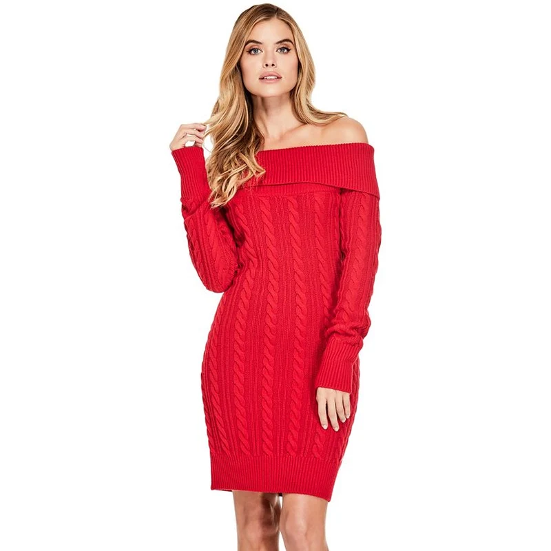 šaty GUESS Iman Cable-Knit Sweater Dress červená XL - GLAMI.cz
