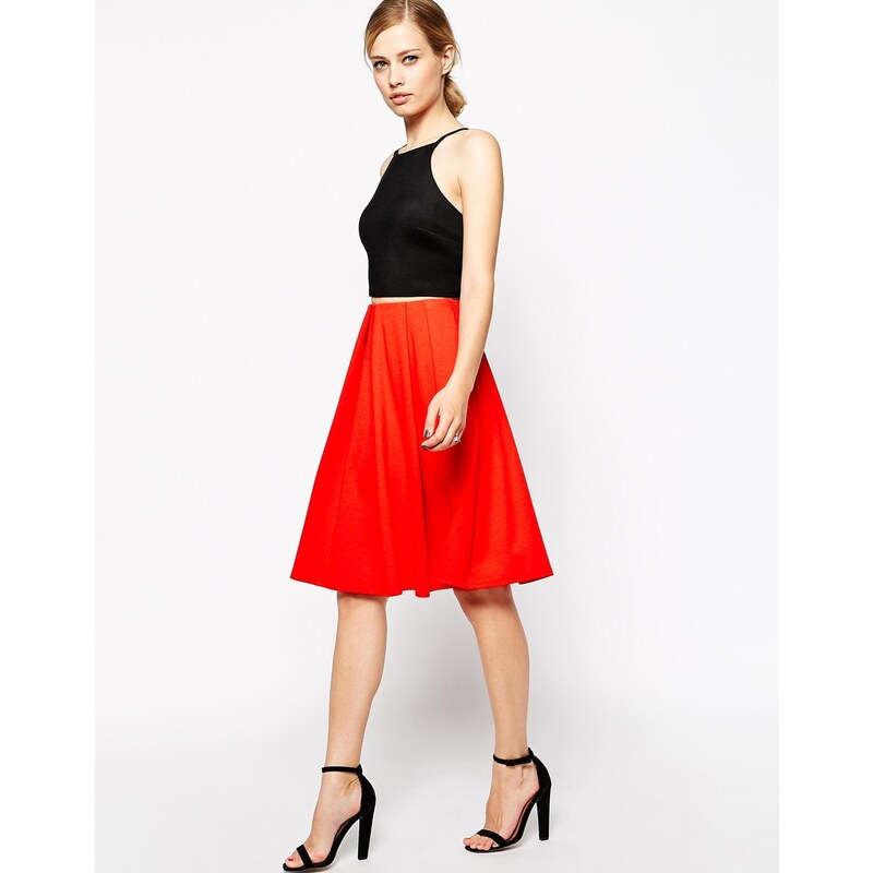 ASOS Midi Skirt in Ponte with Bold Pleats - Red
