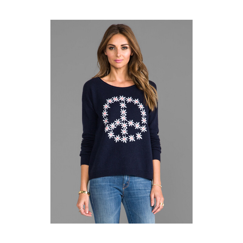 Autumn Cashmere Flower Peace Boxy Crew Neck Pullover in Navy