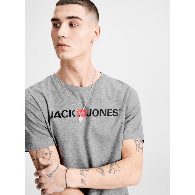 Šedé žíhané tričko s potiskem Jack & Jones - Pánské
