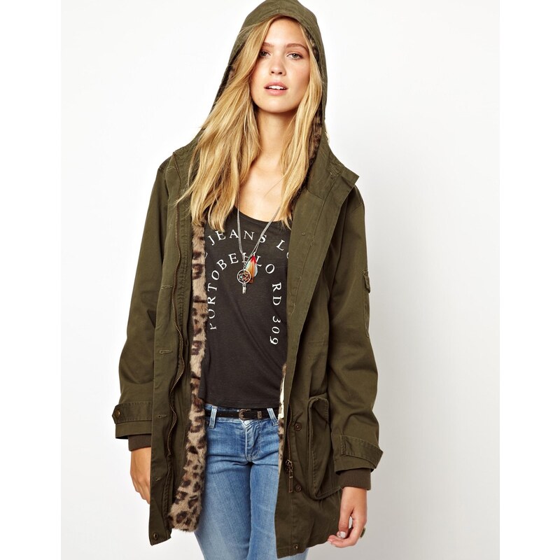 Pepe Jeans Parka With Leopard Faux Fur Lining