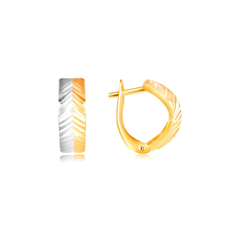 Šperky Eshop - Zlaté náušnice 585 - vypouklý oblouk se šikmými zářezy,  žluté a bílé zlato GG217.37 - GLAMI.cz