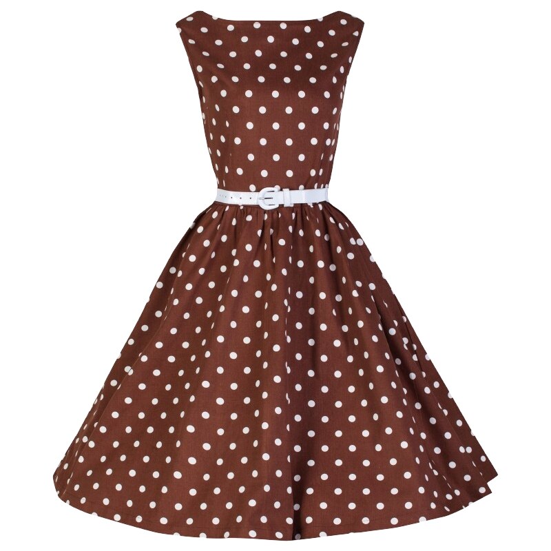 AUDREY čokoládové šaty s bílými puntíky ve stylu padesátých let