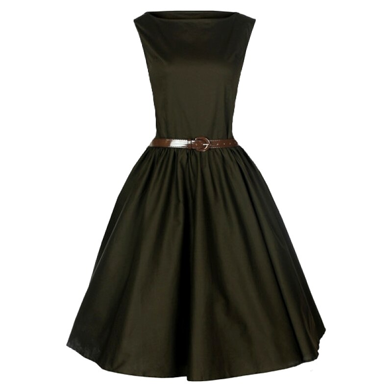 AUDREY tmavě hnědé šaty s páskem ve stylu padesátých let