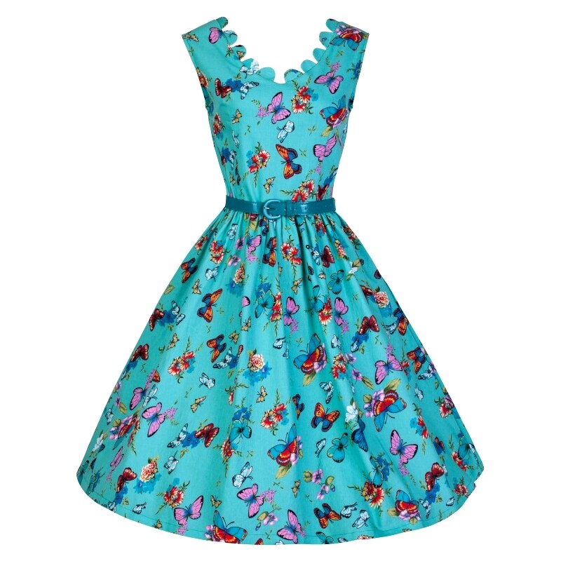 DARIA tyrkysové retro šaty s motýlky inspirované padesátými léty