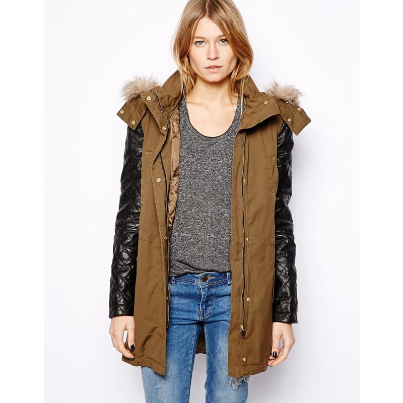 Mango Leather Look Quilted Sleeve Parka - Green