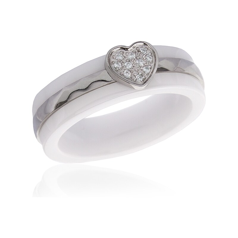 Dámský keramický prsten srdce se zirkony BLACK&WHITE S627100