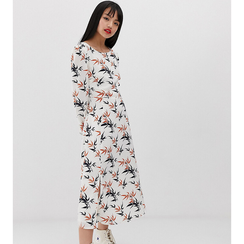 Glamorous Petite midi tea dress in palm print-White