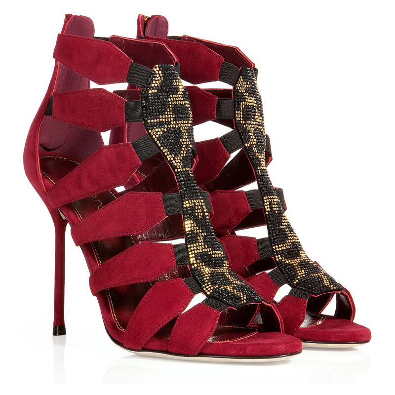 Sergio Rossi Suede Open Toe Sandals with Crystal Embellishment