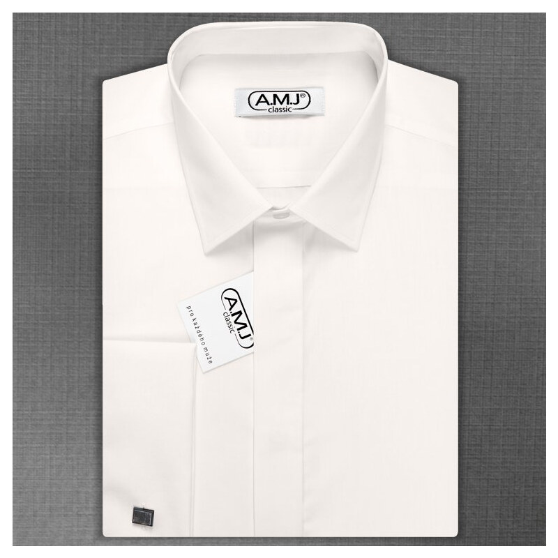 Pánská košile AMJ na manžetové knoflíčky, smetanová JDSA016MK, dlouhý rukáv, slim fit