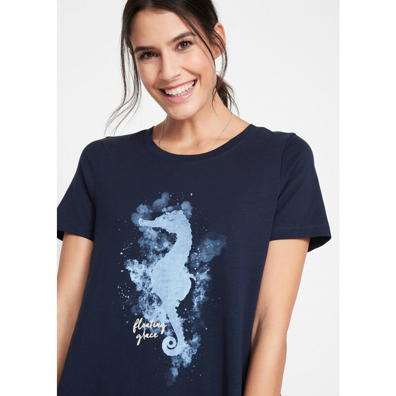 bonprix Bavlněné tričko s potiskem mořského koníka Modrá