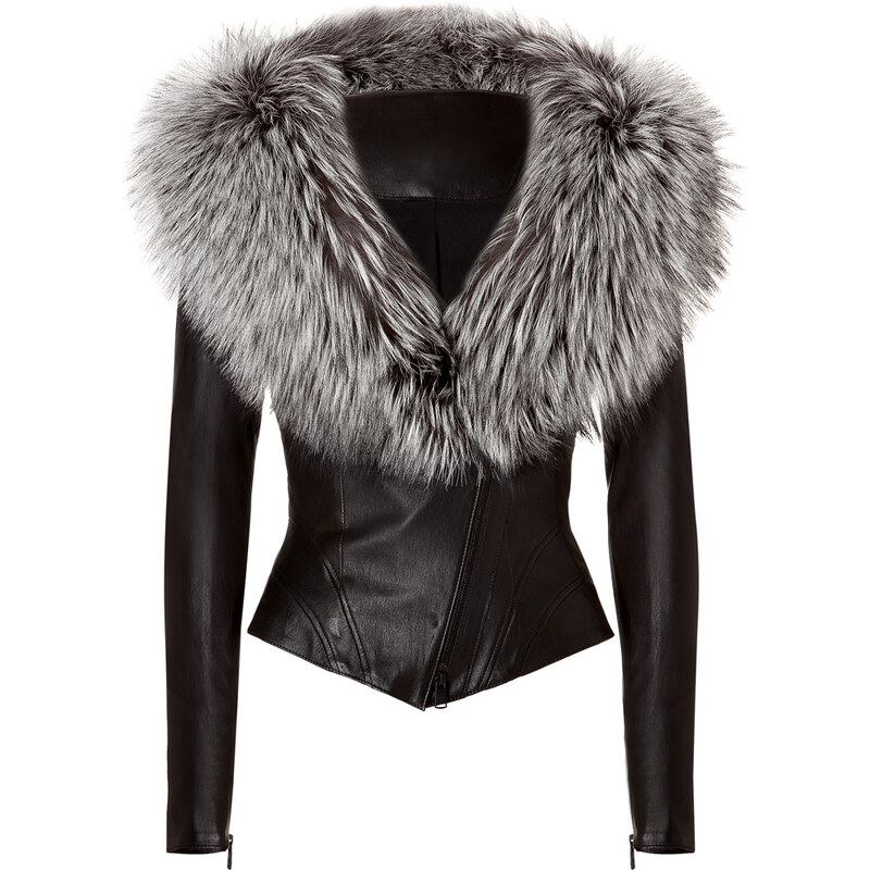 Jitrois Leather Jacket with Silver Fox Fur Collar in Black