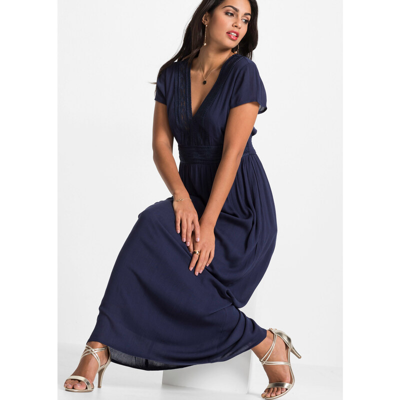 bonprix Dlouhé letní šaty s krajkou, v krátkých velikostech Modrá