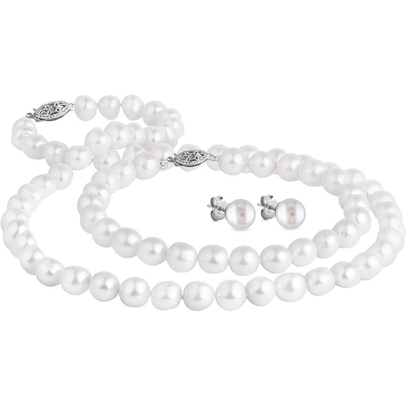 Perlový stříbrný set: náhrdelník, náramek a náušnice KLENOTA p416194