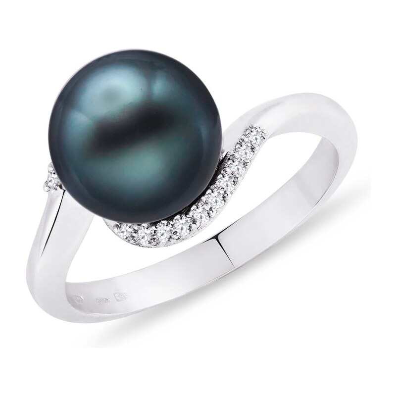 Stříbrný prsten s tahitskou perlou a diamanty KLENOTA k0176019