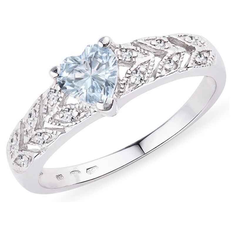 Stříbrný prsten s akvamarínem a diamanty ve tvaru srdce KLENOTA k0337019