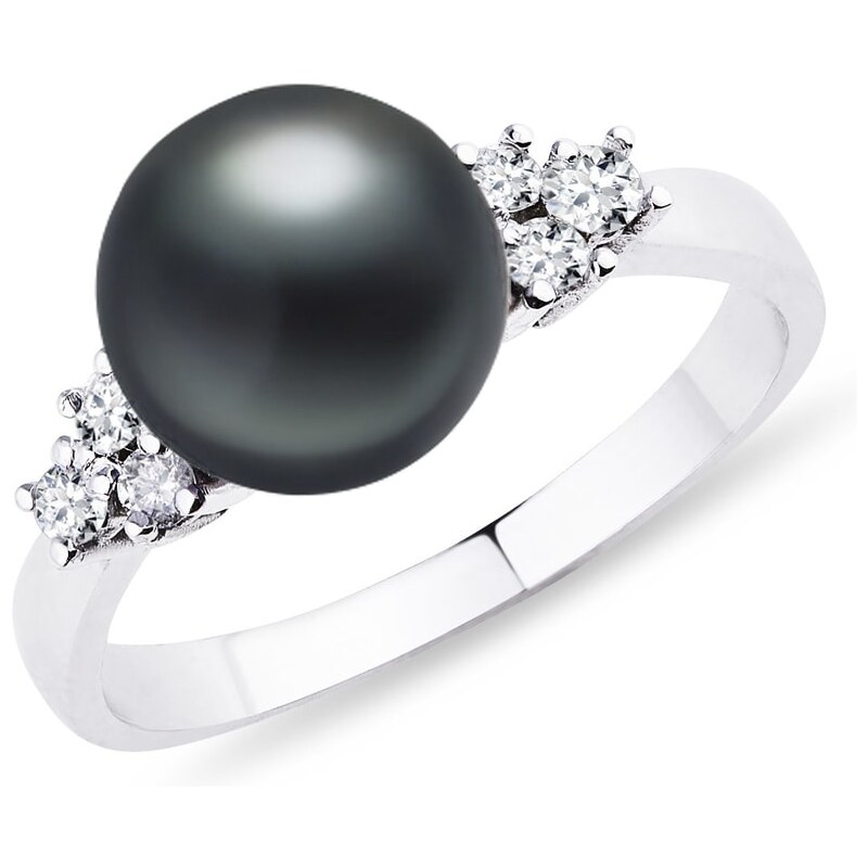 Zlatý prsten s černou perlou a diamanty KLENOTA k0257042