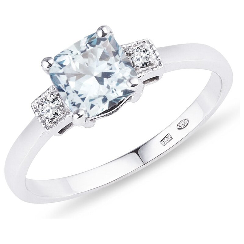 Stříbrný prsten s akvamarínem a diamanty KLENOTA k0445019