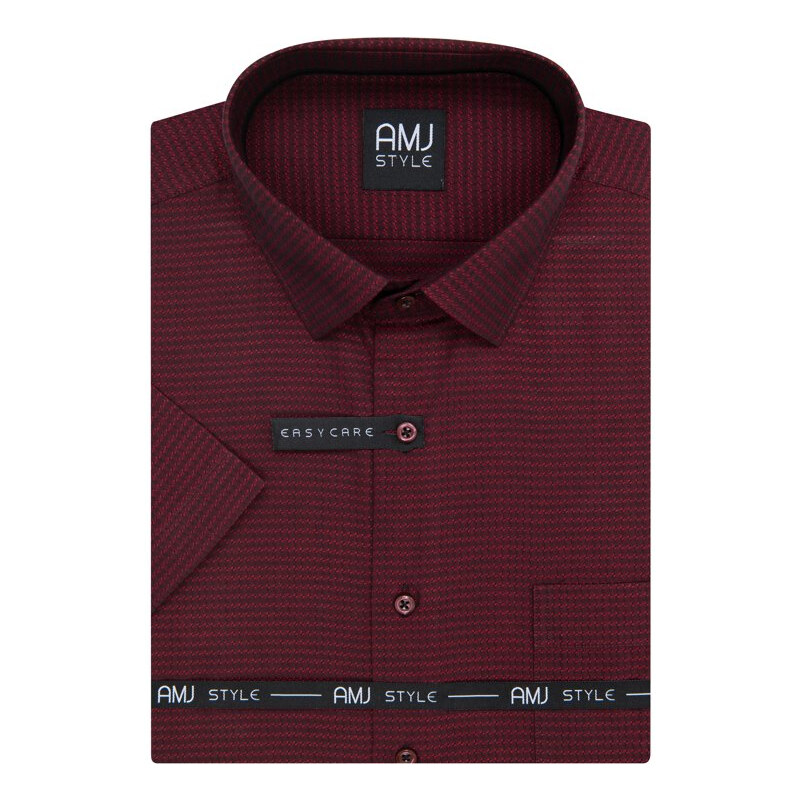 AMJ pánská košile, vínová s drobným vzorem kostiček VKR1054, krátký rukáv, regular fit