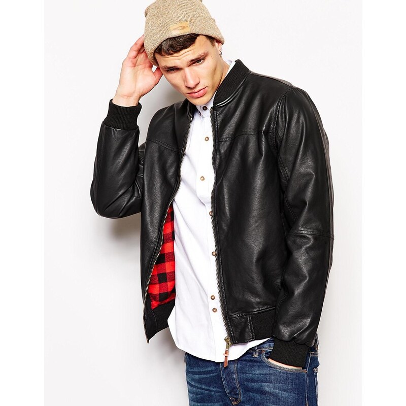 Bellfield Bomber Jacket In Faux Leather With Check Lining - Black