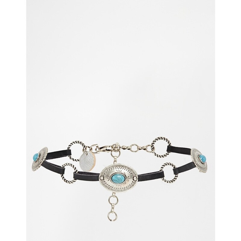 Black & Brown Black and Brown Leather and Turquoise Concho Chain Belt - Multi